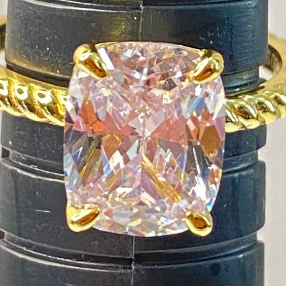 Silver 925 Ring Delux Gold Tone Square Clear Stone Scalloped Trim - Picture 7 of 8